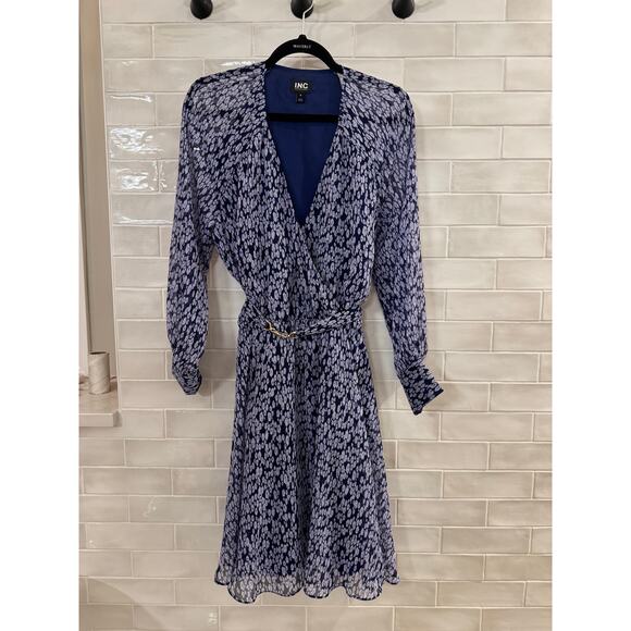 INC 1X Navy Floral Wrap Dress Long Sleeve V-Neck Belted Midi - Picture 2 of 3